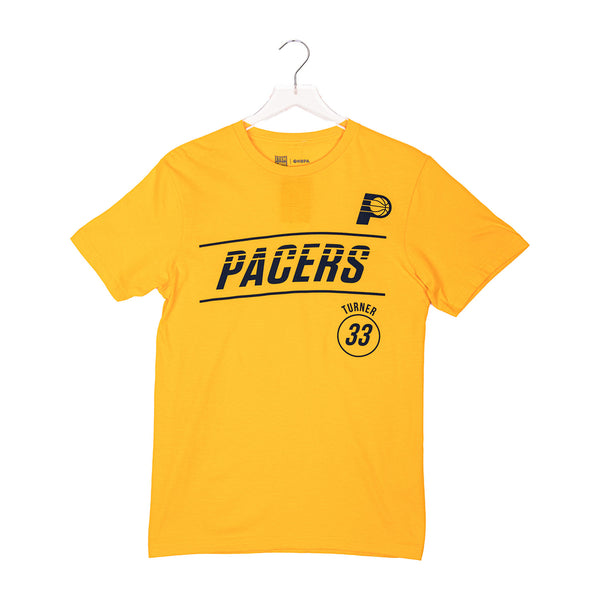 Adult Indiana Pacers #33 Myles Turner Rhythm Statement Name and Number T-shirt in Gold by Pacers Team Store - Front View