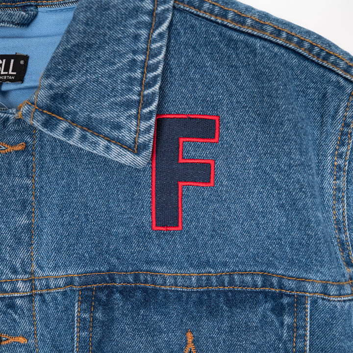 Adult Indiana Fever Caitlin Clark #22 Denim Jacket by FISLL In Blue - Zoom View On Front Graphic