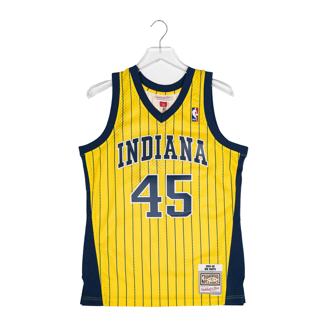 Adult Indiana Pacers Rik Smits #45 Gold Pinstripe Hardwood Classic Jersey by Mitchell and Ness - Front View