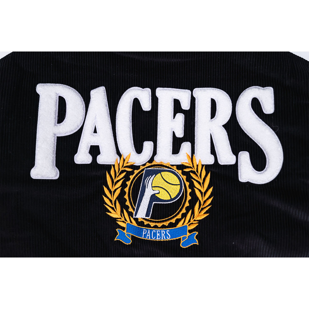 Adult Indiana Pacers Collegiate Corduroy Varsity Jacket in Black by Mitchell and Ness - Zoomed in Full Back Logo View