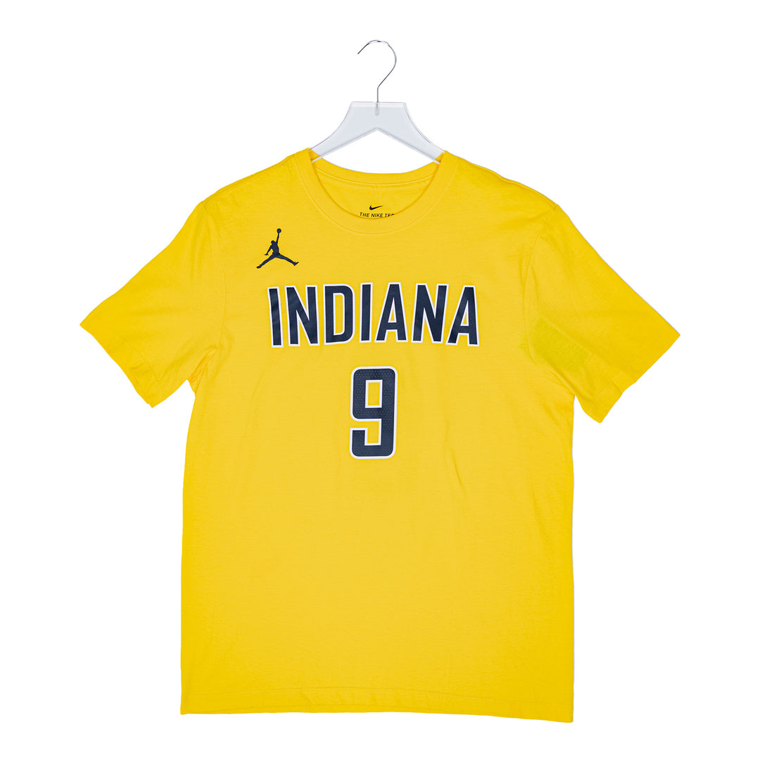 Adult Indiana Pacers T.J. McConnell Statement Name and Number T-shirt by Jordan In Gold & Blue - Front View