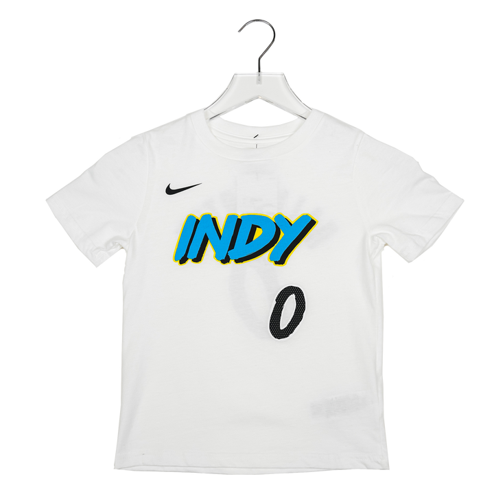 Youth 4-7 Indiana Pacers #0 Tyrese Haliburton 24-25' CITY EDITION Name and Number T-shirt in White by Nike