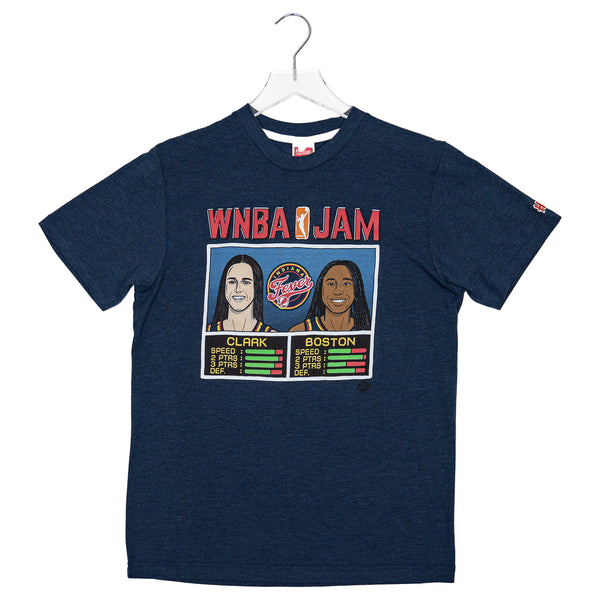 Adult Indiana Fever Caitlin Clark x Aliyah Boston WNBA Jam T-shirt in Navy by Homage - Front View