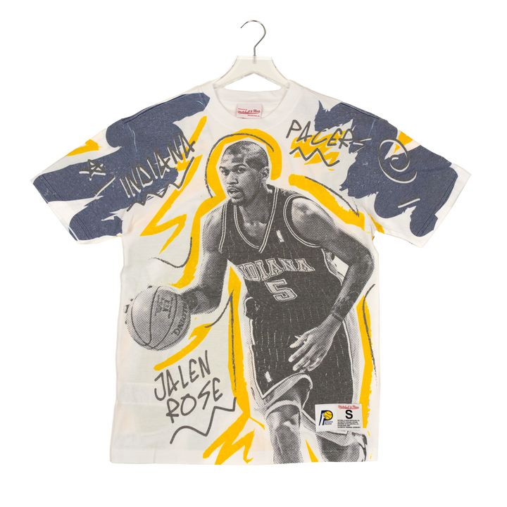 Adult Indiana Pacers Jalen Rose Showstopper T-shirt in White by Mitchell and Ness