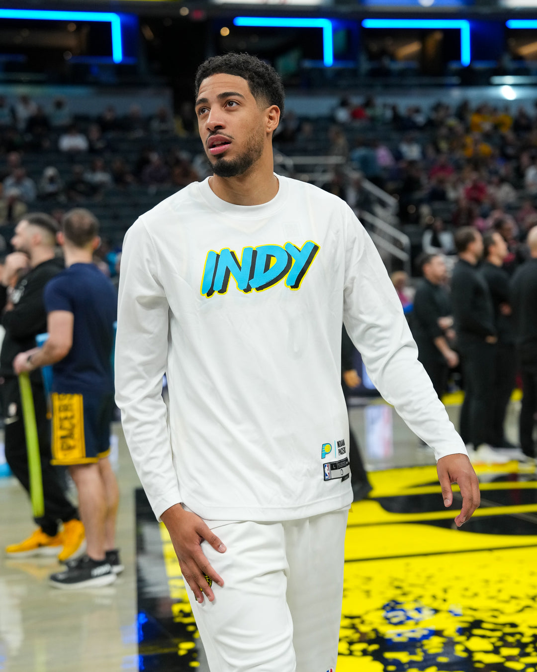 Adult Indiana Pacers 24-25' CITY EDITION Long-sleeve Pregame Shirt in White by Nike