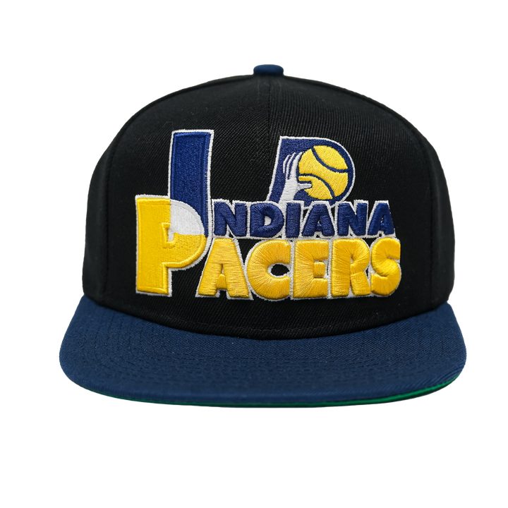 Adult Indiana Pacers Text Stack Hardwood Classics Snapback Hat in Black by Mitchell and Ness