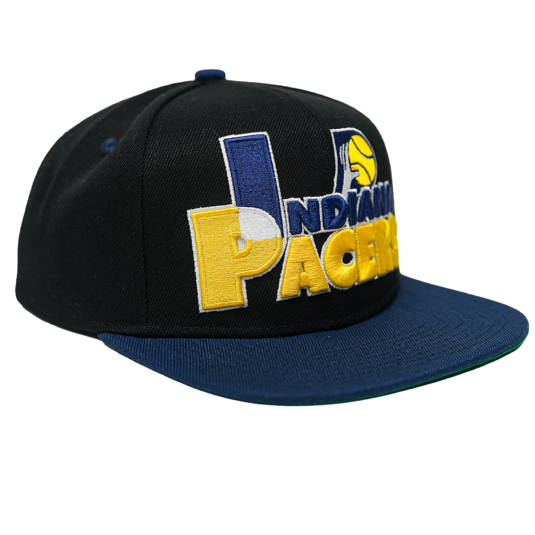 Adult Indiana Pacers Text Stack Hardwood Classics Snapback Hat in Black by Mitchell and Ness