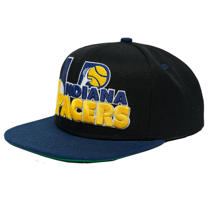 Adult Indiana Pacers Text Stack Hardwood Classics Snapback Hat in Black by Mitchell and Ness