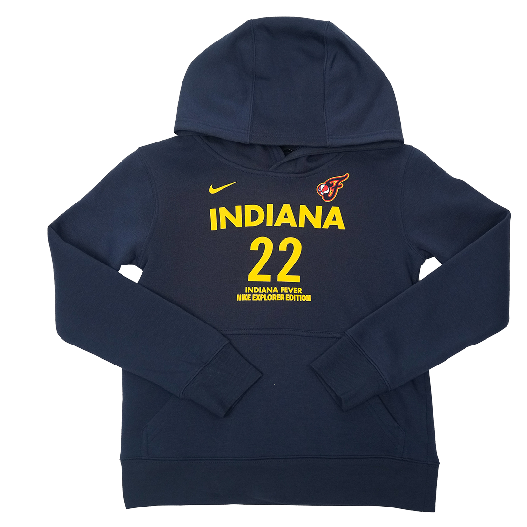 Youth 4-7 Indiana Fever #22 Caitlin Clark Explorer Name and Number Club Hooded Sweatshirt in Navy by Nike