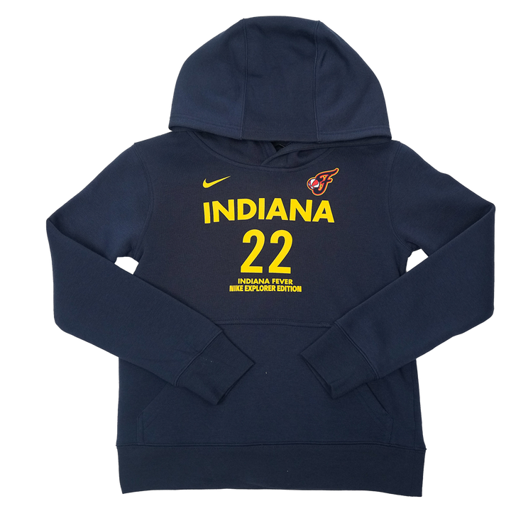 Youth 4-7 Indiana Fever #22 Caitlin Clark Explorer Name and Number Club Hooded Sweatshirt in Navy by Nike