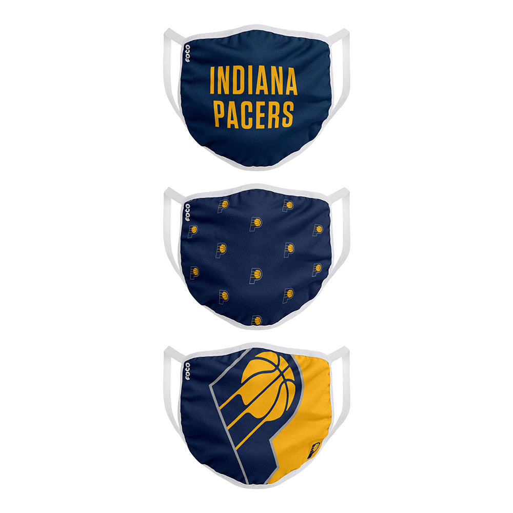 Indiana Pacers 3-Pack Adult Face Covering in Navy, White, and Gold - Front View